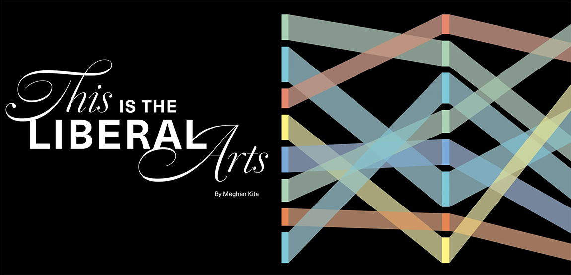 An illustration of colorful lines intersecting over a black background with the words This Is The Liberal Arts in white